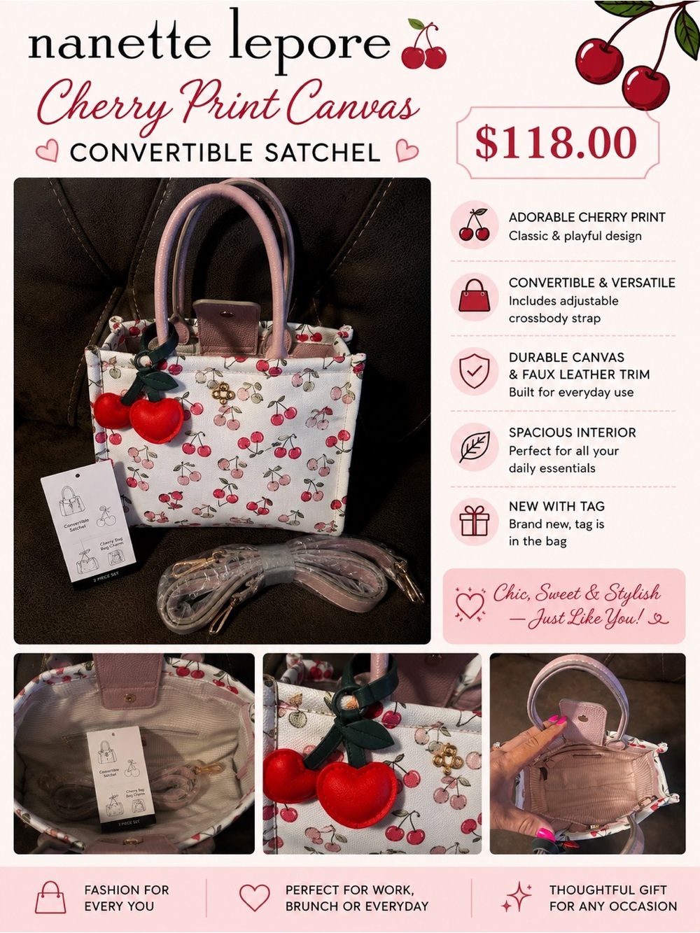 Nanette Lepore White Cherry Print Canvas Convertible Satchel with Pink Trim